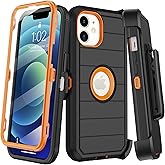 KECAI for iPhone 12 Case,iPhone 12 Pro Case with Belt Clip Holster,Built-in Screen Protector,Heavy Duty Shockproof Drop Protection Military Grade Rugged Phone Cover with Kickstand (Black/Orange)