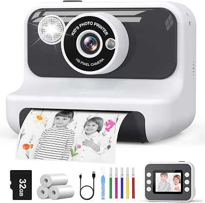 Hangrui Kids Camera Instant Print 2.4" 1080P 32GB Card 3 Rolls Paper White