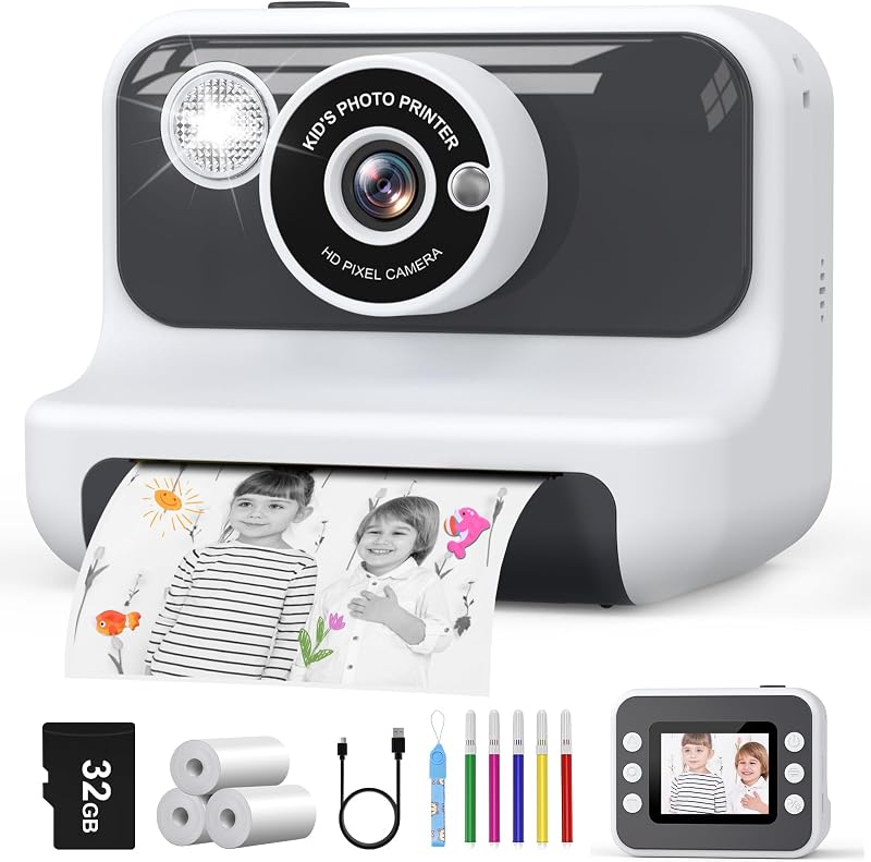 Hangrui Kids Camera Instant Print 2.4" 1080P 32GB Card 3 Rolls Paper White