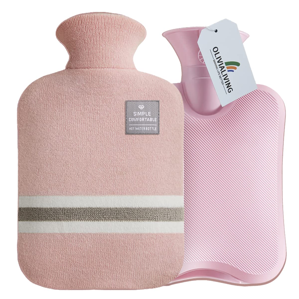 OliviaLiving Hot Water Bag Hot Water Bottle 2 Liter Heat Up and Refreezable Hot Cold Pack with Classic Striped Cover for Pain Relief Hot Cold Therapy