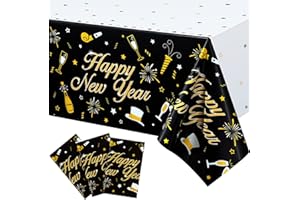 Sumind 3 Pieces 2026 Happy New Year Table Covers 54 x 108 Inch Tablecloth Plastic Disposable Black and Gold Table Covers Banner for Happy 2026 New Year Party Theme Decorations Supplies