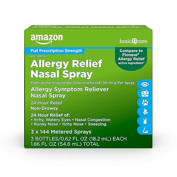 AMAZON BASIC CARE 24-HOUR ALLERGY RELIEF NASAL SPRAY, FLUTICASONE PROPIONATE (GLUCOCORTICOID) 50 MCG, FULL PRESCRIPTION STRENGTH, NON-DROWSY, 0.62 FL OZ (PACK OF 3)