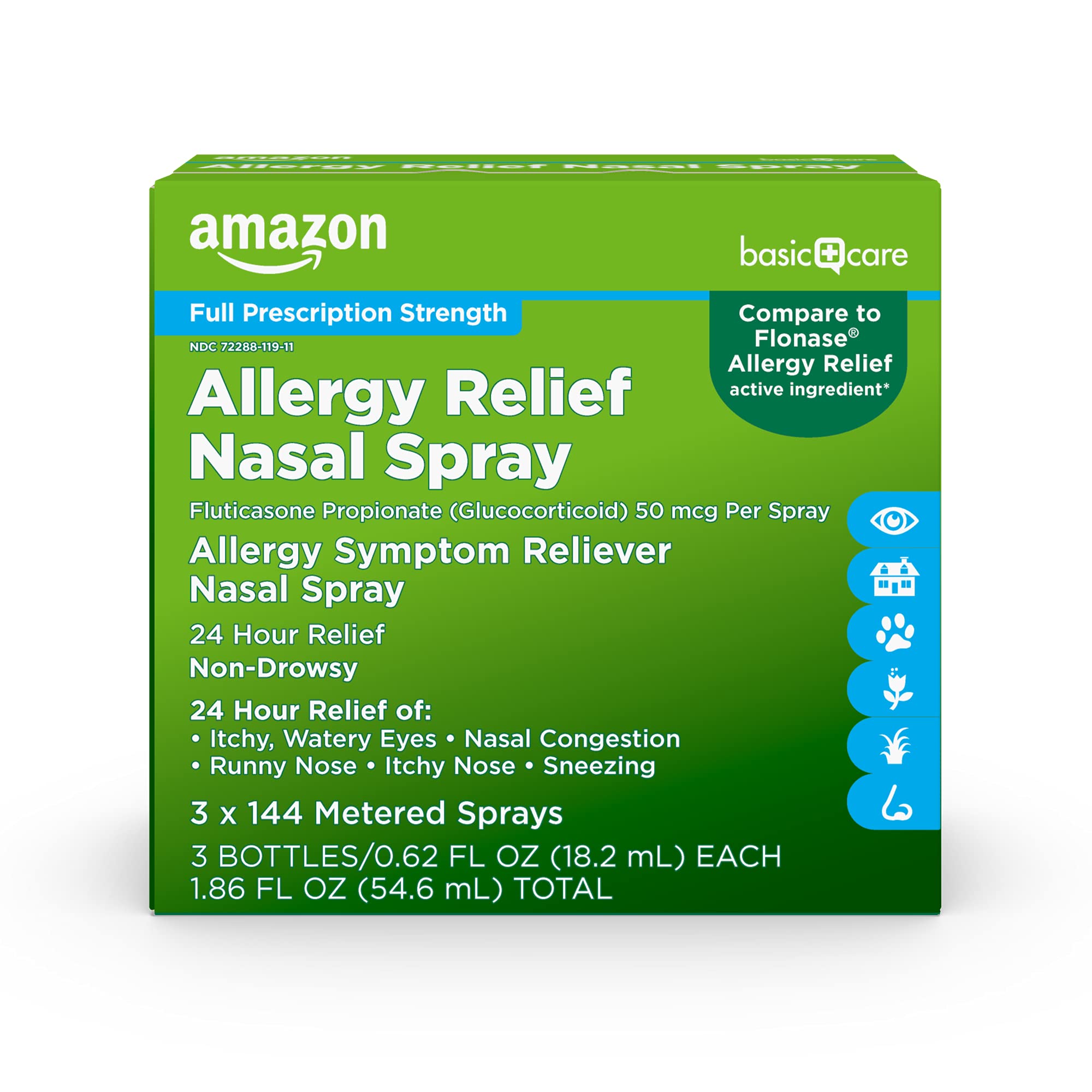 Amazon Basics 24-Hour Allergy Relief Nasal Spray, Fluticasone Propionate (Glucocorticoid) 50 mcg, Full Prescription Strength, Non-Drowsy, 0.62 fl oz (Pack of 3) (Previously Care)