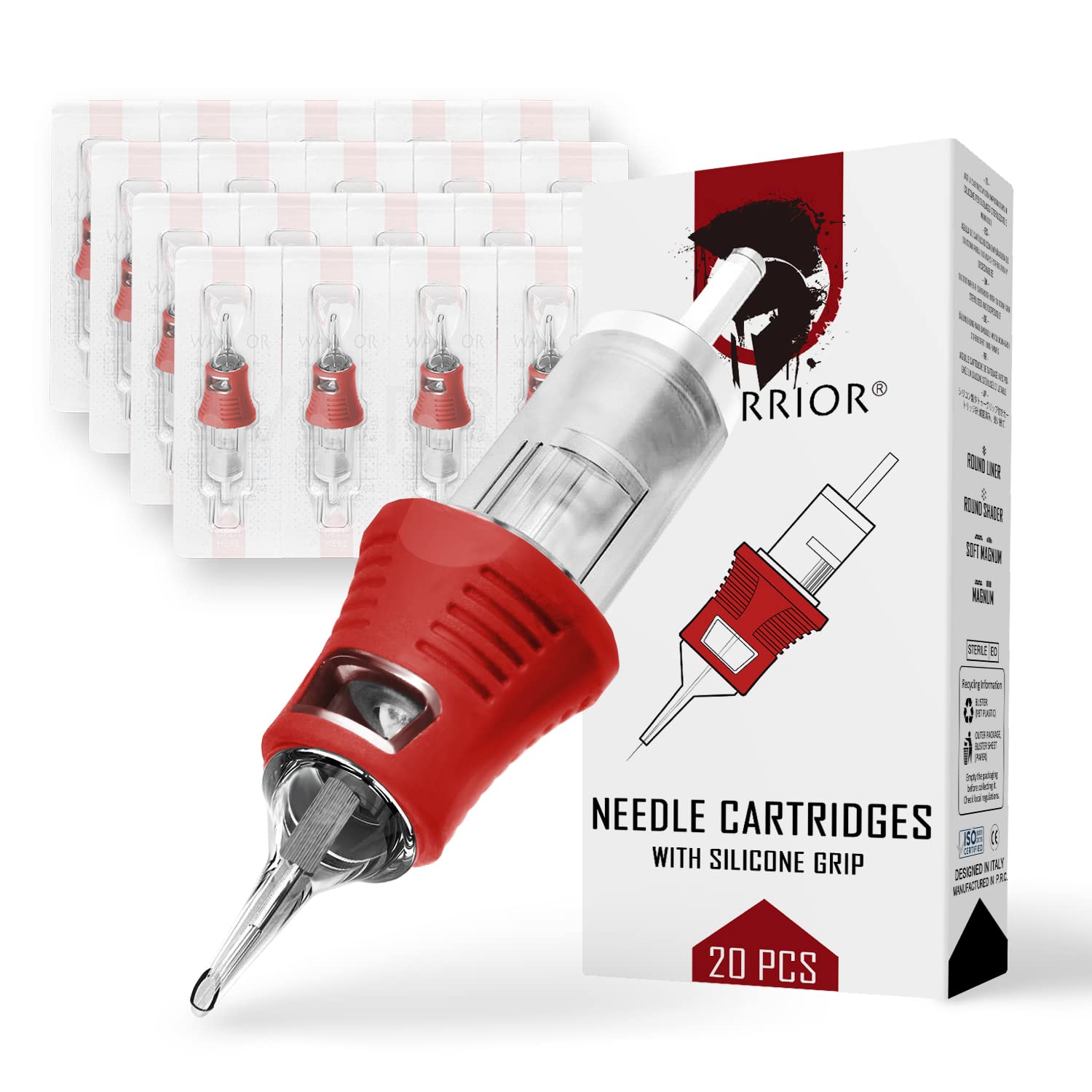 WARRIOR PRO Tattoo Needle Cartridges with Silicone Rubber Handle Sterilized Tattoo Needle Cartridge Round Liner 20 pcs 316L Japanese Surgical Steel Permanent Makeup PMU(0.25MM-0807RL)