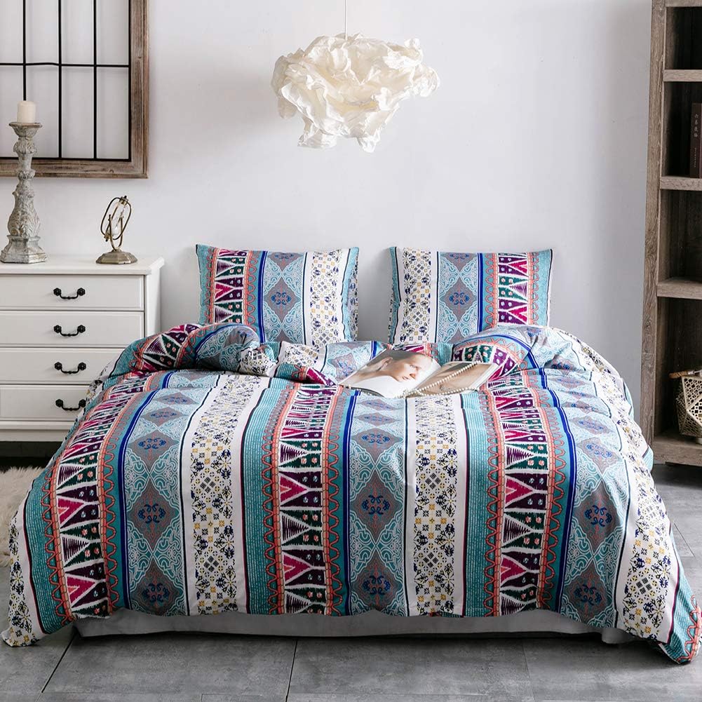 Fluffy Cat 3 Pieces Bohemia Duvet Cover Set,Exquisite Modern Printed Bedding with Hidden Zipper & Corner Ties, Ethnic Boho with Floral for All-Season (Boho, Queen)