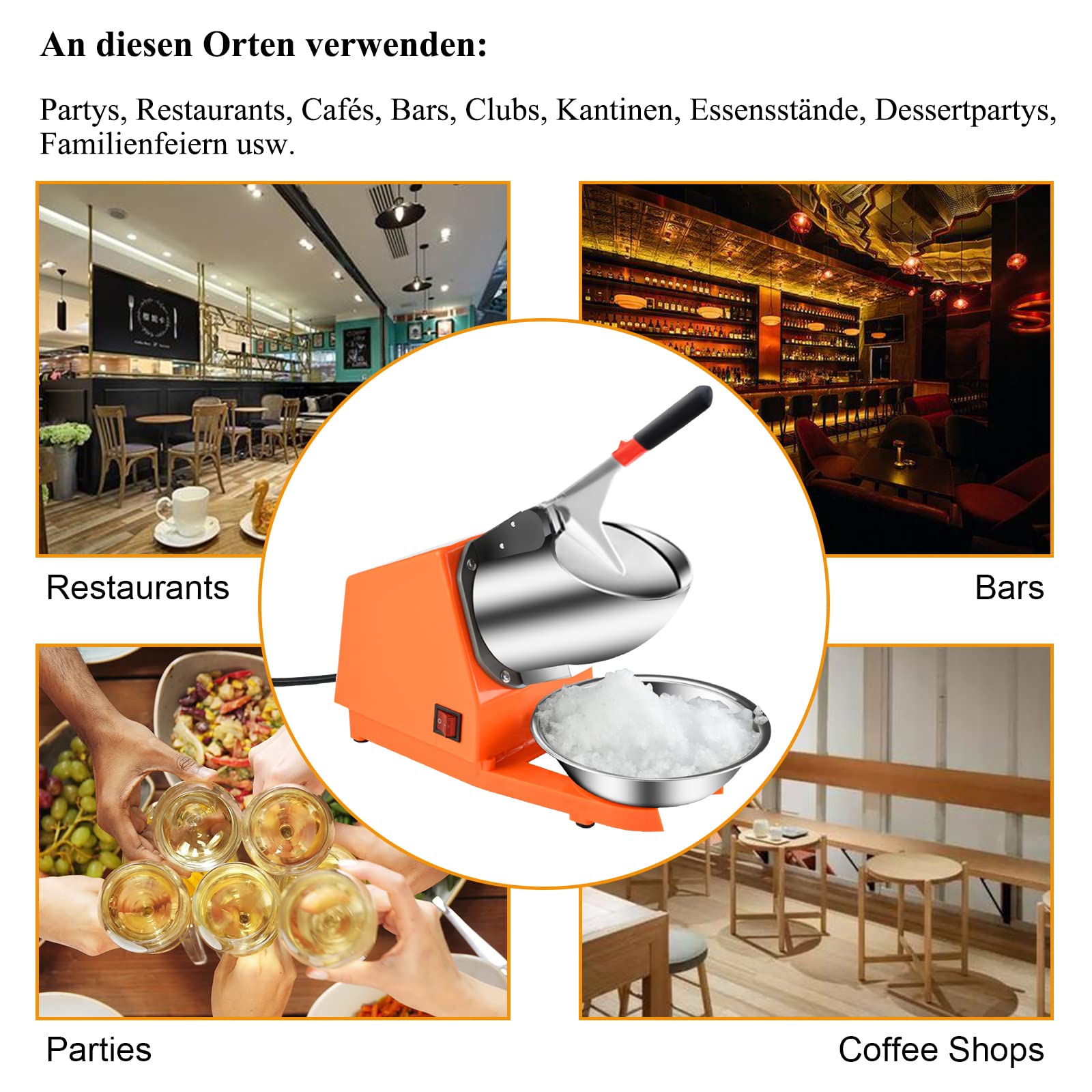 Elektrischer Ice Crusher, 300W Eiszerkleinerer 80kg/h,Doppelmesser Eiscrusher, Doppelmesser Eiscrusher,Smoothie Maschine für Restaurants, Bars, Partys (Orange) 8