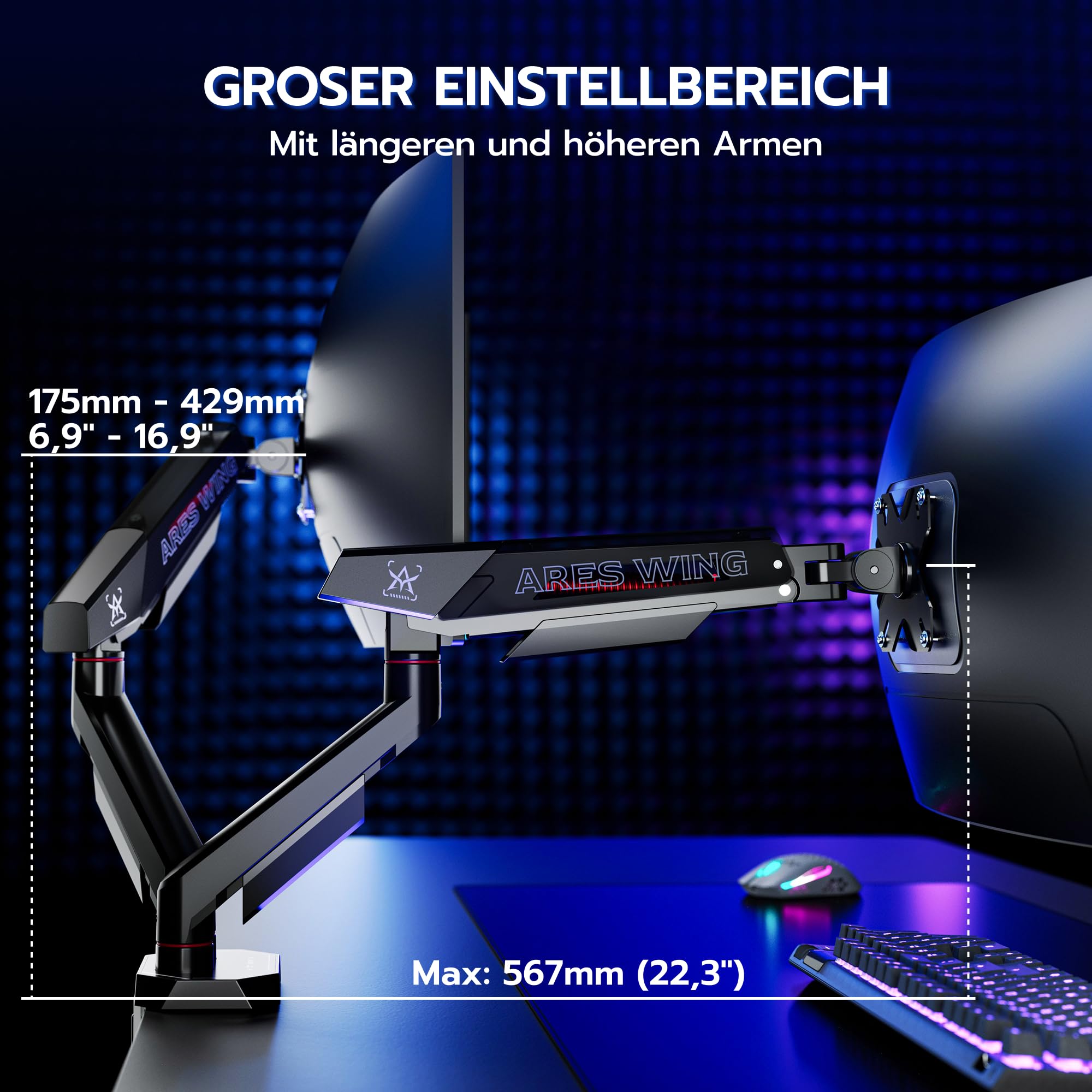 ARES WING Monitor Halterung 2 Monitore für 17–35" Bildschirme,Dual Monitorarm mit 2–12 kg Tragkraft,Bildschirmhalterung Höhenverstellbar, 75/100mm Vesa-Halterung,Schwarz 5