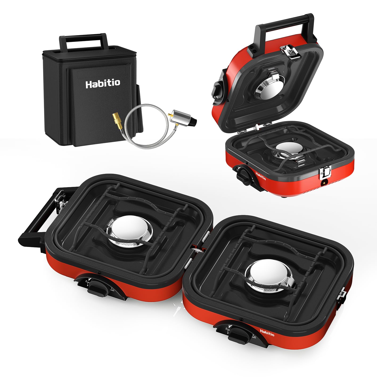 Photo 1 of 2-Burner Camping Stove Foldable, Portable Propane Camp Stove with 16000 BTU Adjustable Burners and Piezo Ignition, Folding Stove with Carry Bag & Handle for Camping, Tailgating, Backyard BBQ - Red