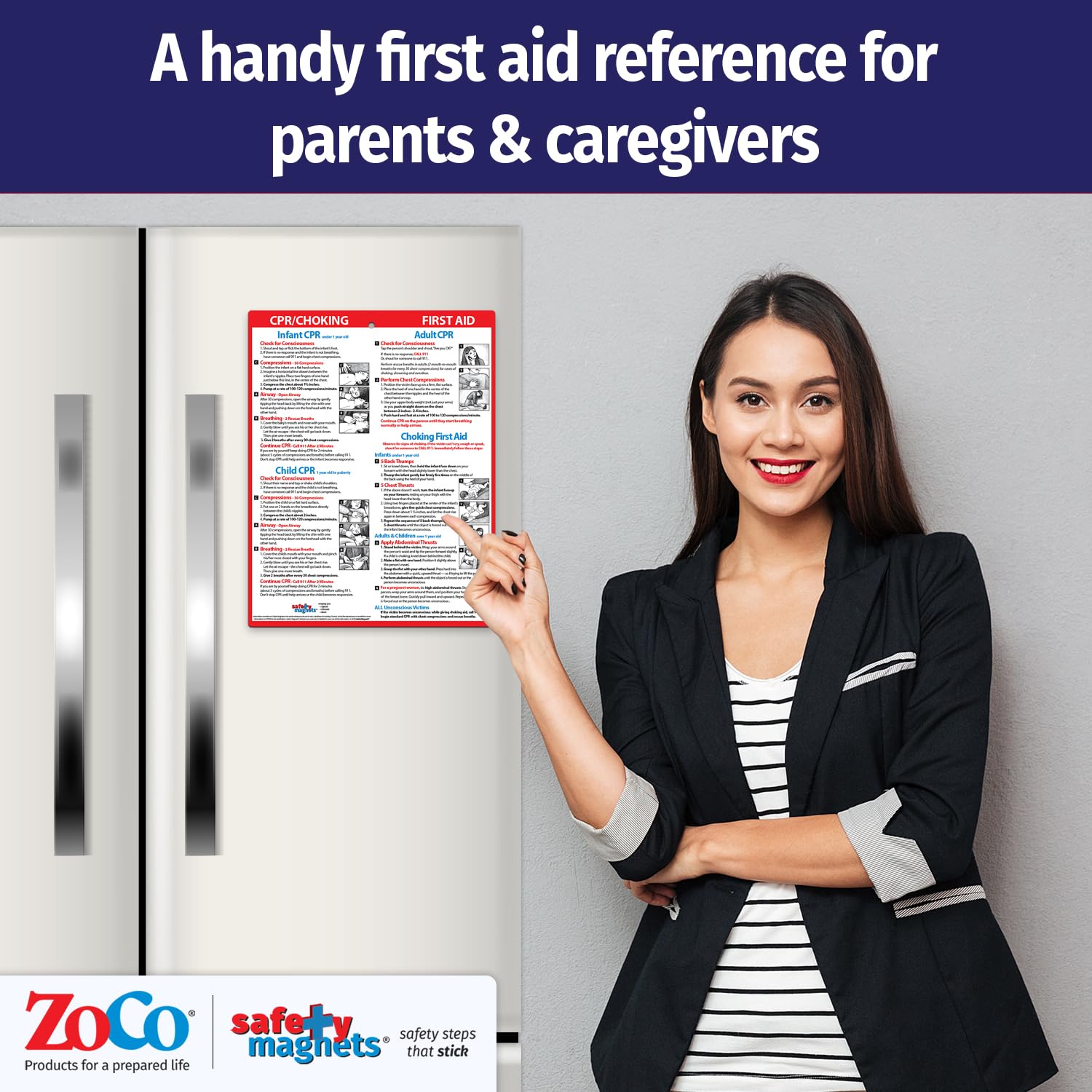 Safety Magnets by ZOCO – CPR & Choking Fridge Magnet – First Aid Instructions for Infants, Children, & Adults – Heimlich Maneuver Laminated Card 8.5