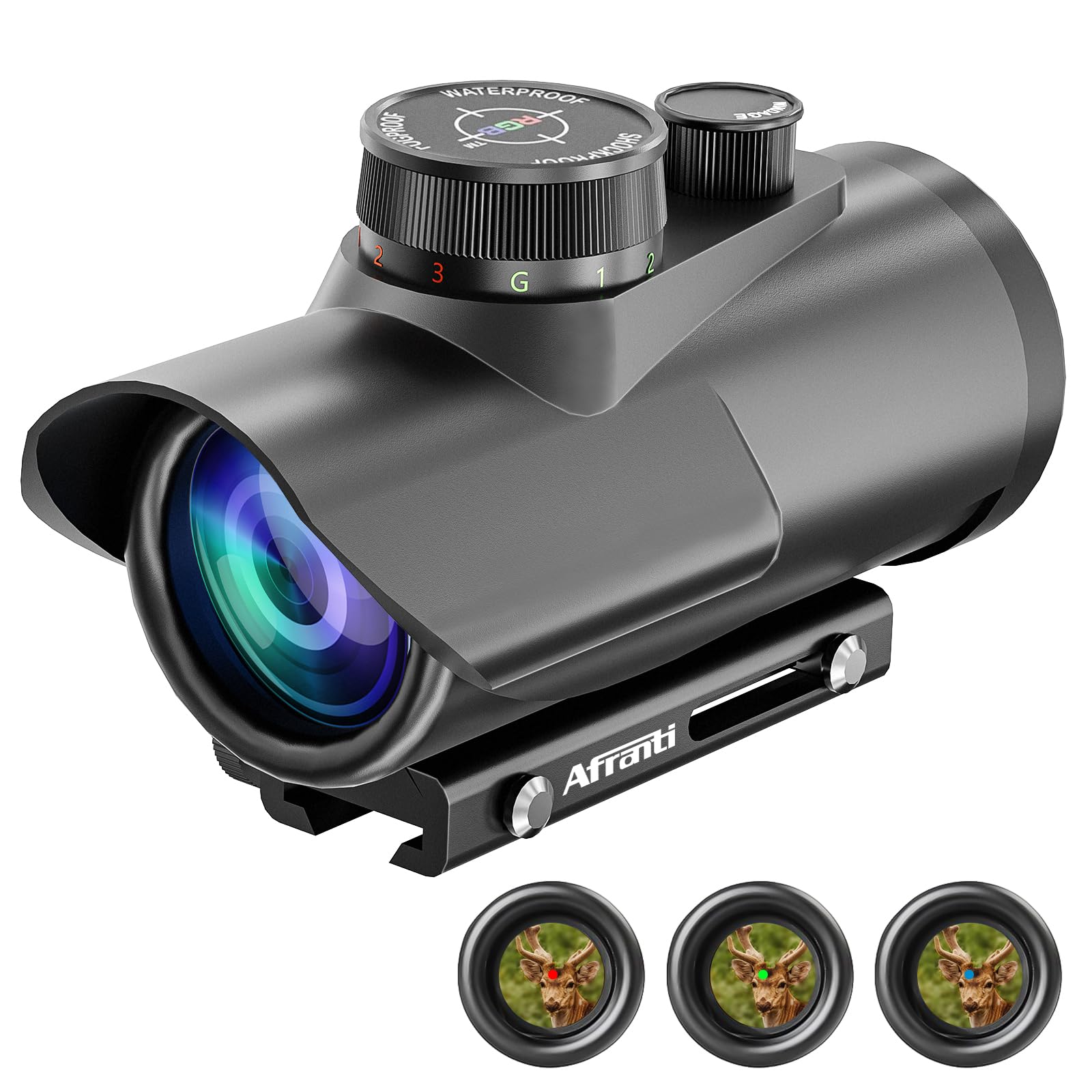 Afranti Red Dot Sight Scope Red Green Blue 3 Brightness Settings Rifle Scope with 20mm Weaver/Picatinny Rail Mount and Protector Covers for Hunting