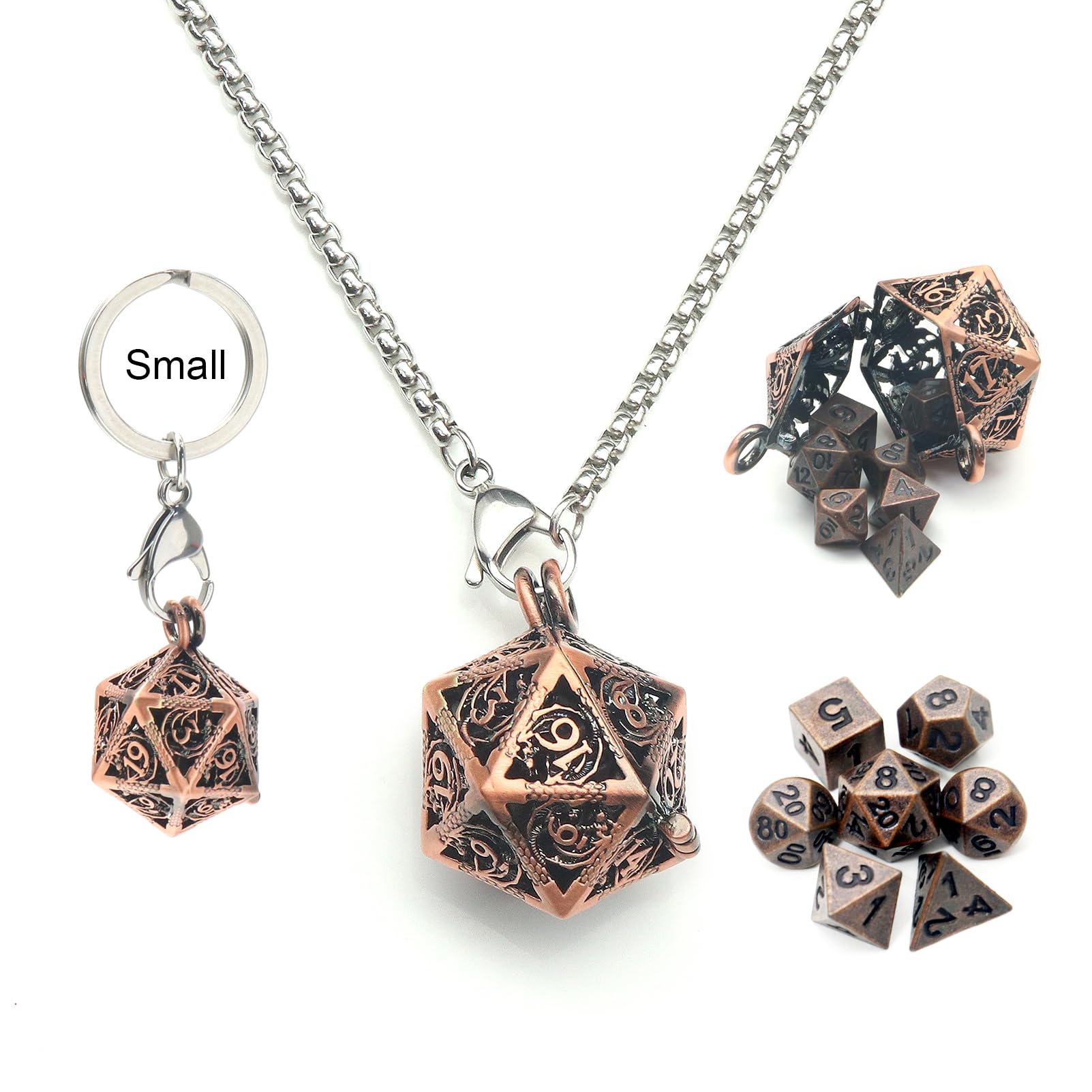 Haxtec Mini Metal Dice Set With Copper Hollow D20 Necklace and Case - Tiny Antique Copper Dice, D&D Keychain, 7PCS