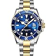 OLEVS Men's Stainless Steel Watch, Easy to Read Gold Silver Two Tone Analog Quartz Wristwatch, Luxury Rotating Bezel Magnified Date Waterproof Luminous Dress Watches for Men