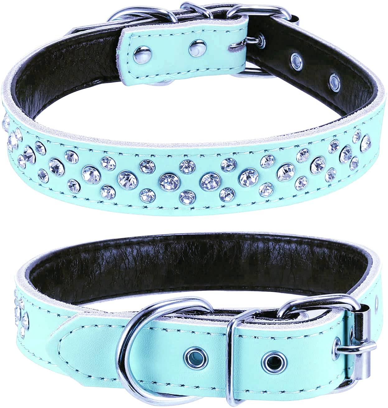 Haoyueer Rhinestones Dog Collar, Adjustable Sparkly Crystal Studded Genuine Leather Pet Dog Collar for Small and Medium Dogs (L, Blue)