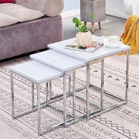 Ansley Hosho Eu Nest Of Tables White High Gloss 3 Nesting Tables Metal For Living Room Chrome Legs Cube Nested Coffee Tables Wood Space Saving Modern Amazon Co Uk Kitchen Home