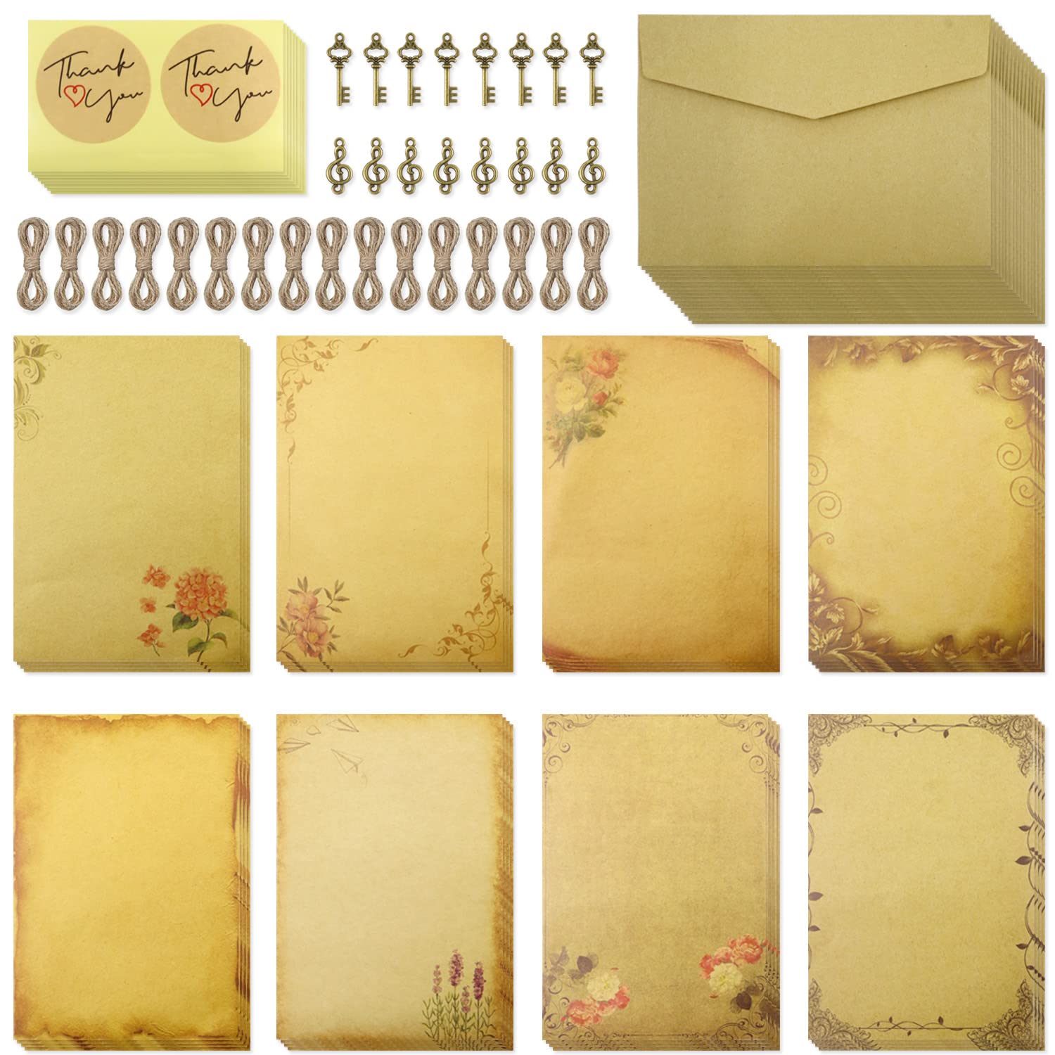 Modixun 96 Pieces Vintage Kraft Writing Stationery Paper Set, 32 Sheets Retro Paper, 16 Envelopes, 16 Pendants, 16 Stickers, 16 Hemp Ropes