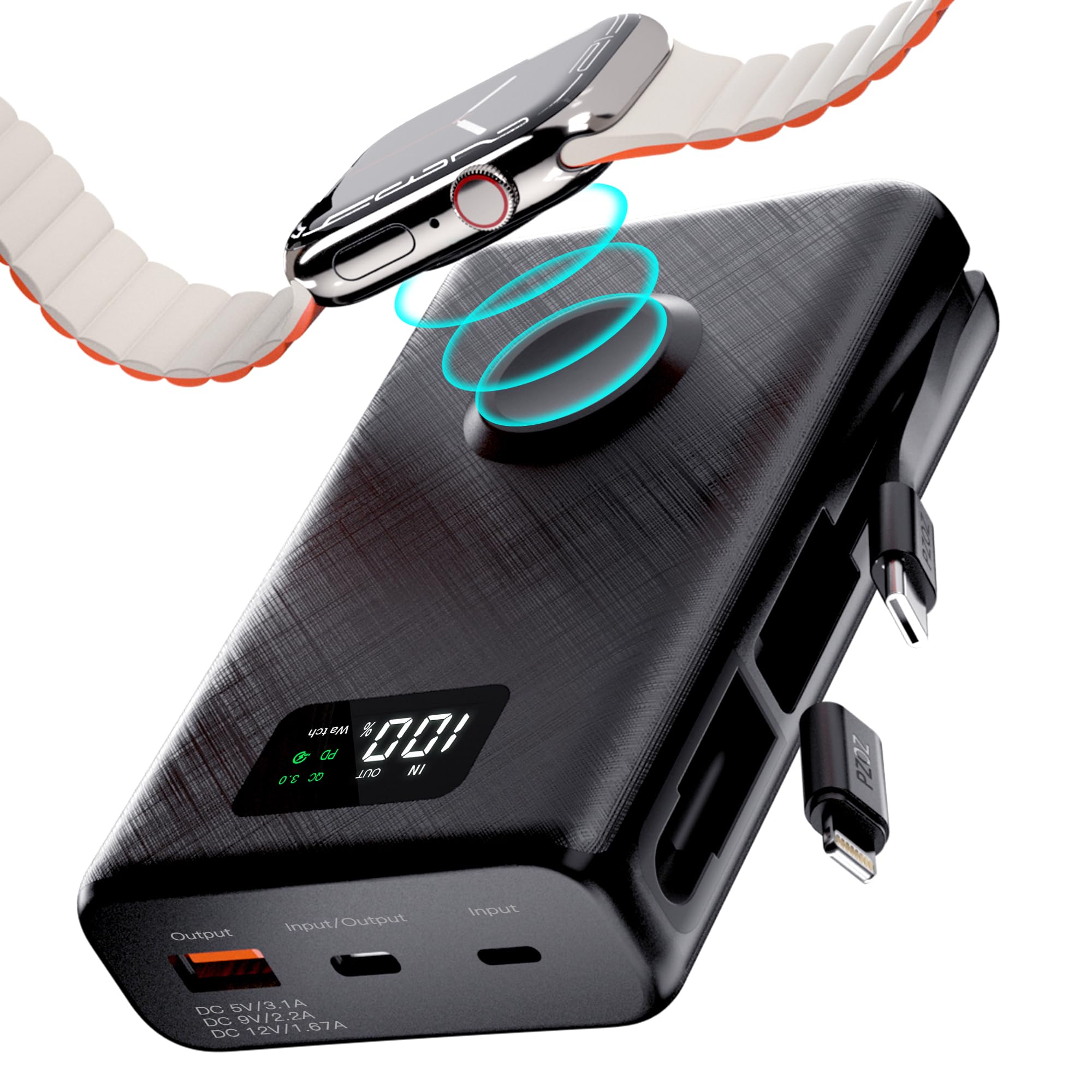 pzoz 20000mAh Portable Power Bank Powerbank with Apple Watch Magnetic Wireless Charger,USB Type C PD Fast Charging Cable Travel High Capacity Compatible iWatch iPhone 17 16 15 (Black)