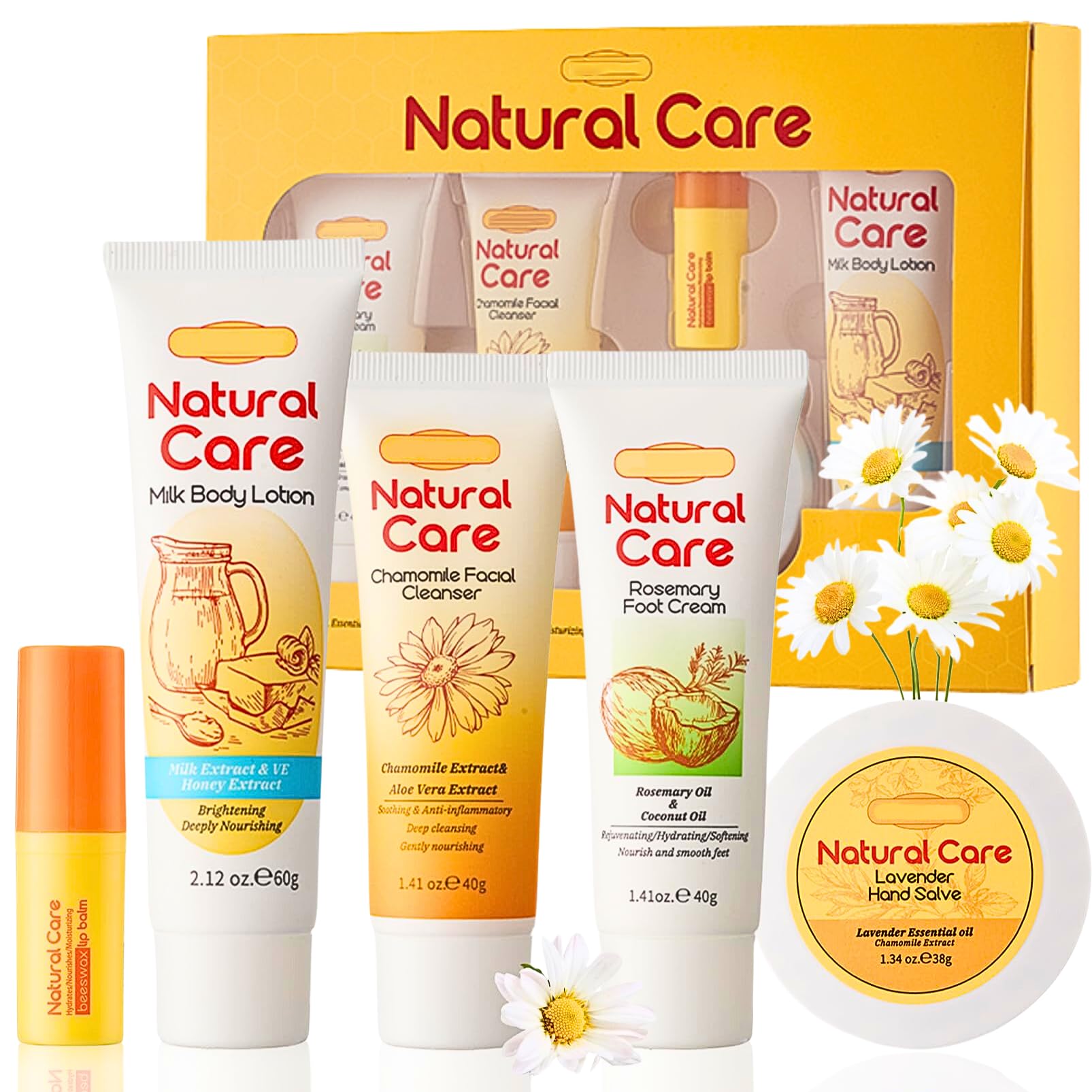 Natural Essence Skin Care Sets & Kits, Pamper Sets For Women Gifts, Spa Gift Set Hand Foot Skin Care Set with Beeswax Lip Balm, Foot Cream, Body Lotion, Facial Cleanser & Hand Salve For Father Gift