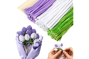 Pipe Cleaners Chenille Stems Craft Kit, 6 mm High-Density 300 Pack (Green/White/Purple) + 20 Floral Stems, 2 Wrapping Papers,
