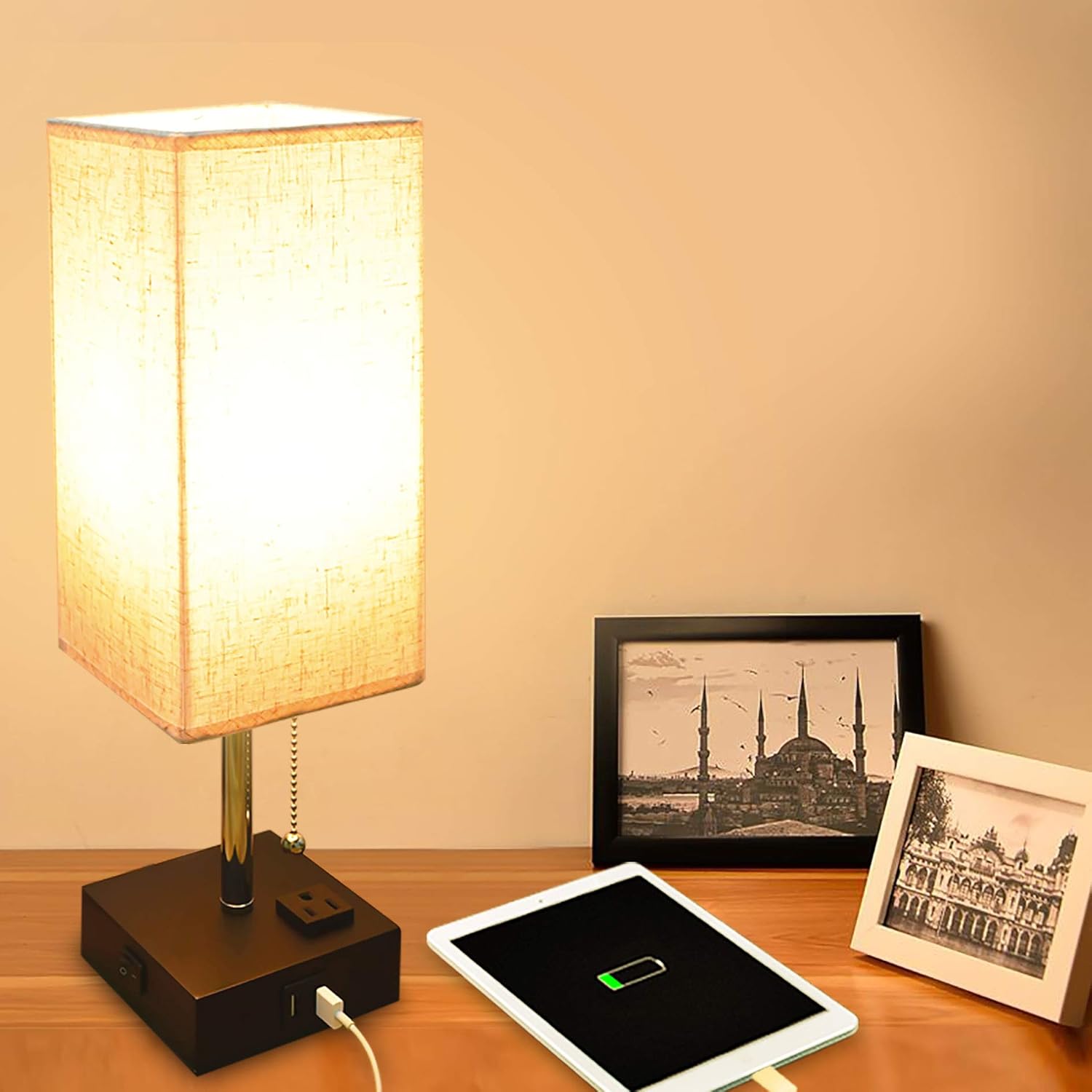 USB Table Lamp, Sailstar Bedside Lamps with Fast Dual USB Charging Ports and Outlet & Warm LED Bulb, Modern Nightstand Lamp with Black Base and Fabric Shade for Bedroom, Living Room, Office - - 