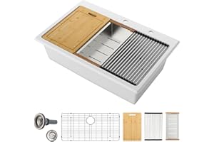 Sarlai 33 Inch Composite Granite Kitchen Sink Drop In - 33x22 Inch White Kitchen Sink Workstation Granite Topmount Sinks White Quartz Classic Above Counter Single Bowl Basin