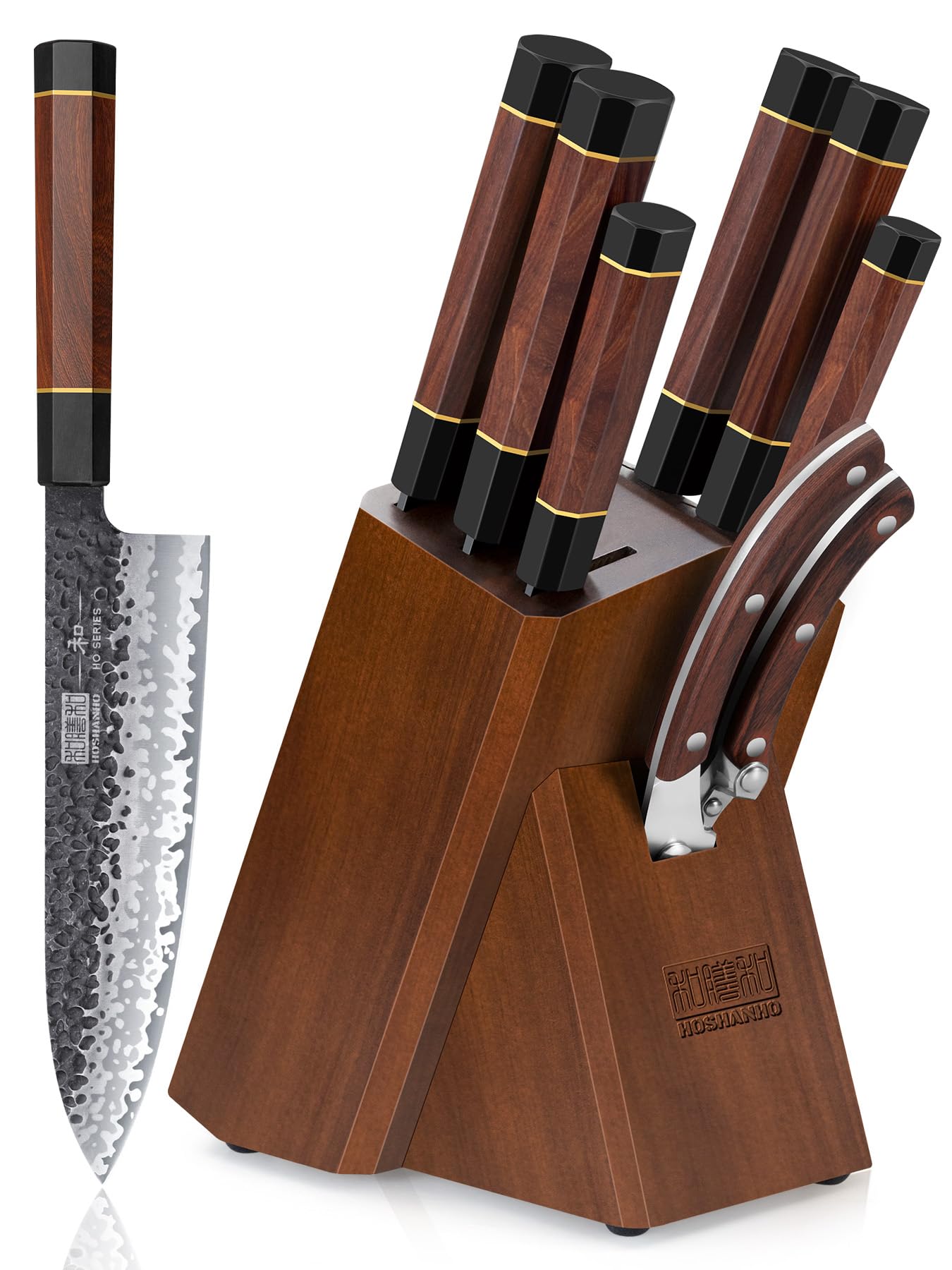Photo 1 of HOSHANHO 8 Pieces Knife Set, Japanese High Carbon Steel Kitchen Knives Set with Block, Hand Forged Ultra Sharp Chef Knife Set with Ergonomic Rosewood Handle