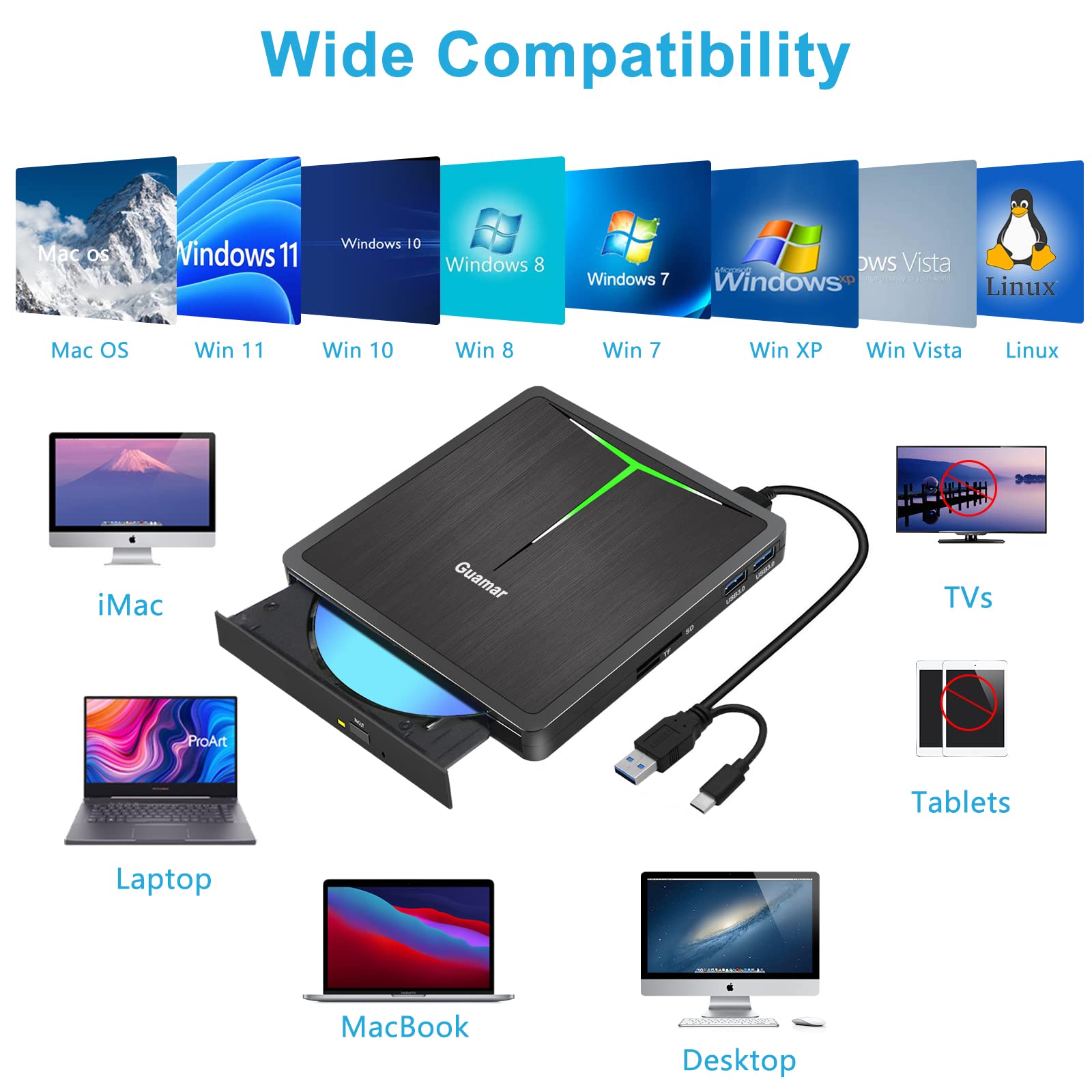 Guamar External CD DVD Drive, USB 3.0 Type-C CD/DVD ROM +/-RW Player Burner Reader Writer with SD/TF Slot & 2 USB/Carrying Case, Portable Optical Disc Drive for Laptop PC Desktop Windows Mac Linux