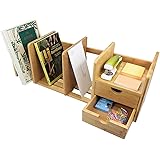 Natural Bamboo Desk Organizer with Extendable Storage and Two Drawers for Office and Home, Expandable Desk Tidy Bamboo Bookshelf
