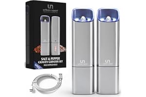 URBAN NOON Automatic Salt and Pepper Grinder Set - Rechargeable Electric Salt and Pepper Shakers with Adjustable Coarseness, LED Light, One-Handed Use, Gravity Salt Grinder and Electric Pepper Mill