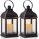 Yongmao Vintage Lantern Decorative LED Flickering Flameless Candle with Timer, Battery Powered LED Decorative Hanging Golden Brushed Black Lanterns for Indoor Outdoor Garden Yard Home Decor(2 Pack)