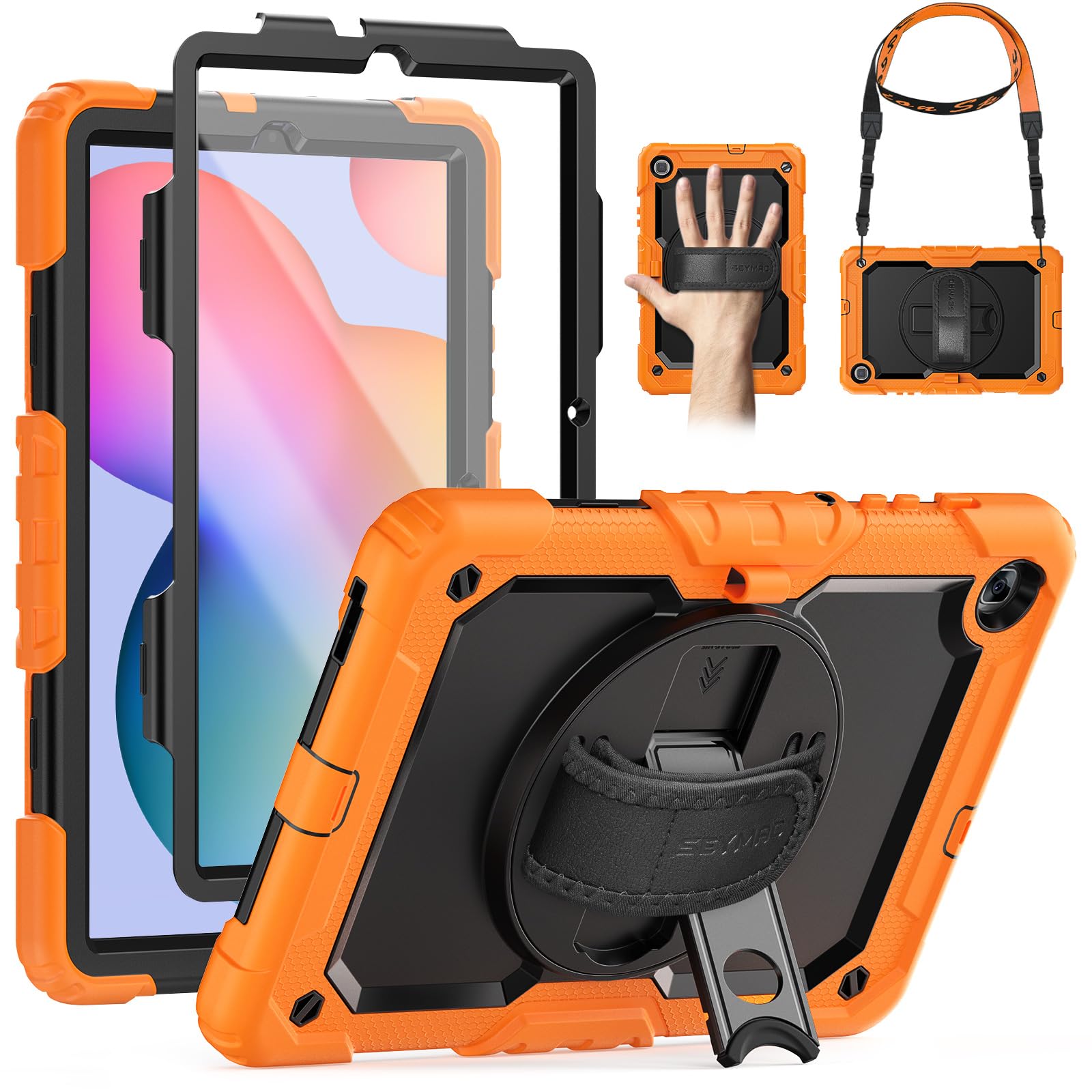 SEYMAC Case for Samsung Galaxy Tab S6 Lite 10.4 Inch 2024/2022/2020, Protective Tablet Case with 360 Rotating Hand Strap & Stand, Pen Holder, Screen Protector and Shoulder Strap, Orange