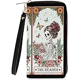 Book Lovers Gift for Womens Wallet - Slim PU Leather Gothic Style Skeleton Reader Wallet for Women with Zipper, Credit Card Holder Wallets, Wristlet Wallets for Female Girls Birthday(Reading Gift)