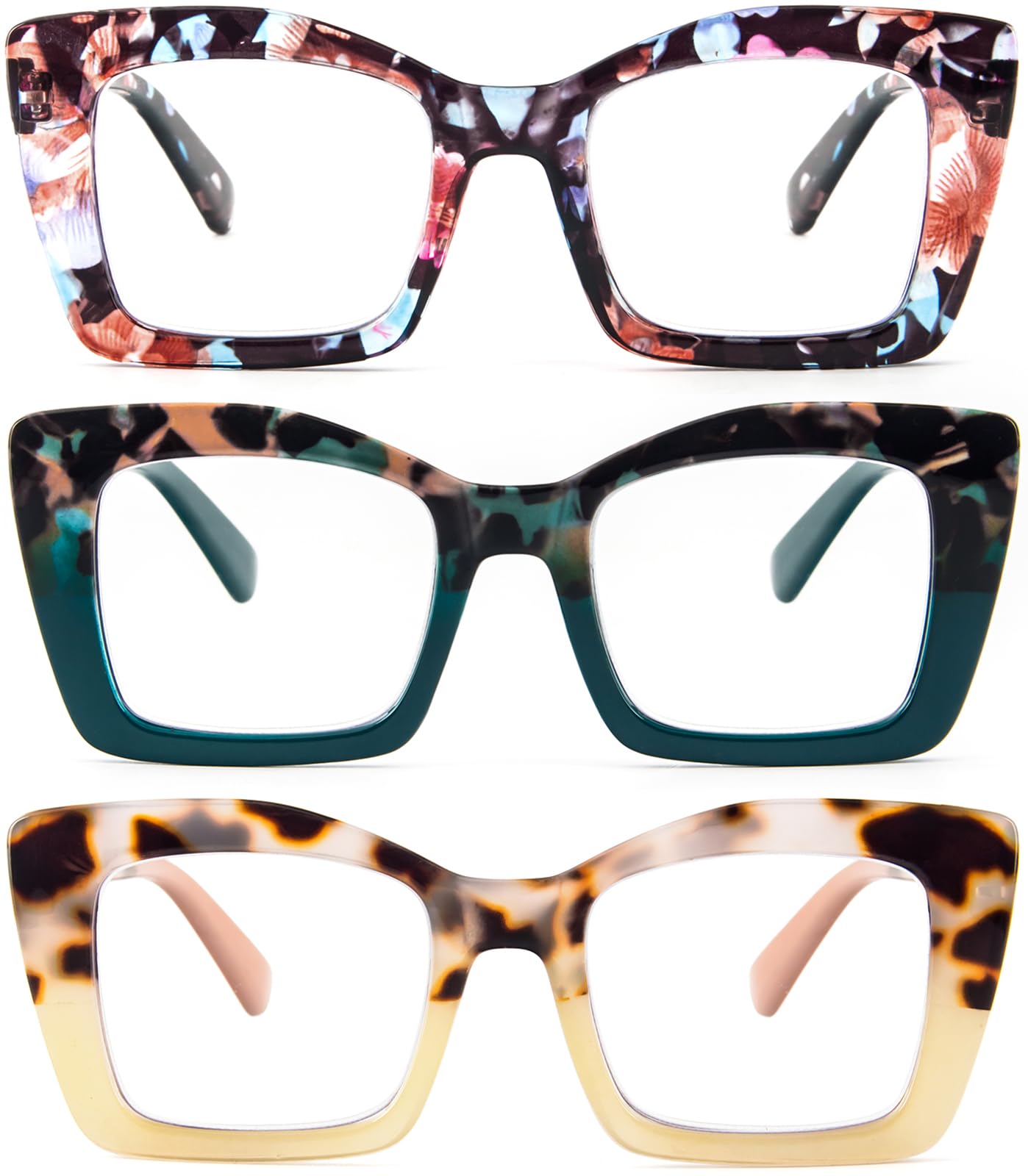 Photo 1 of REAVEE 3 Pack Oversized Square Reading Glasses Oprah Style for Women, Blue Light Blocking Large Frame Computer Designer Fashion Readers with Spring Hinge (Flower/Blue/Green,2.5)