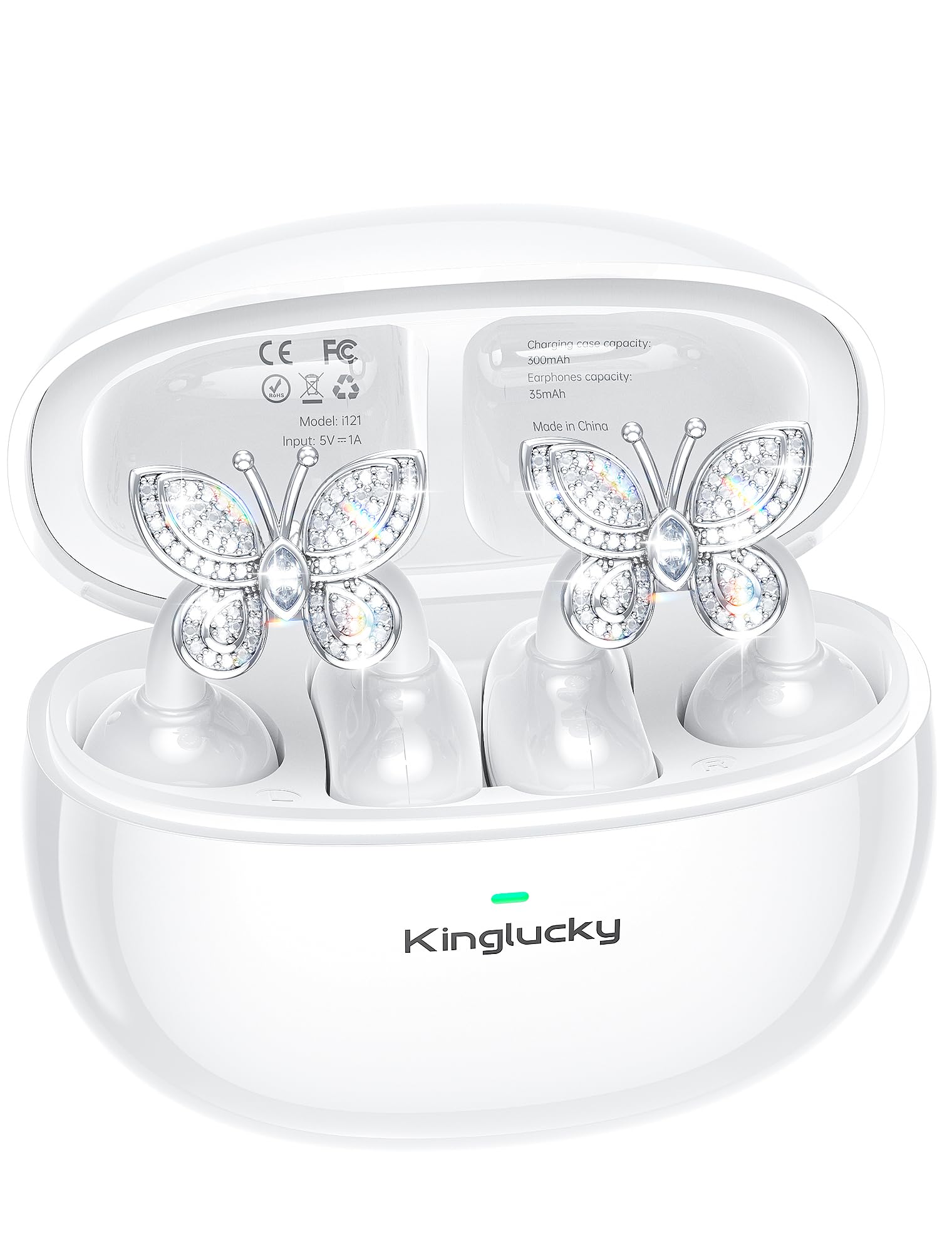 Kinglucky Jewelry-Inspired Clip-On Earbuds with Butterfly Earrings, Comfortable Fit & 40H Playtime Open Ear Bluetooth 5.4 Wireless Headphones for Women, Small Ears, Sports & Workouts (White)
