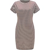 winkbay Women's Summer Striped Mini T Shirt Dress Elegant Casual Crew Neck Short Sleeve Dresses with Pockets