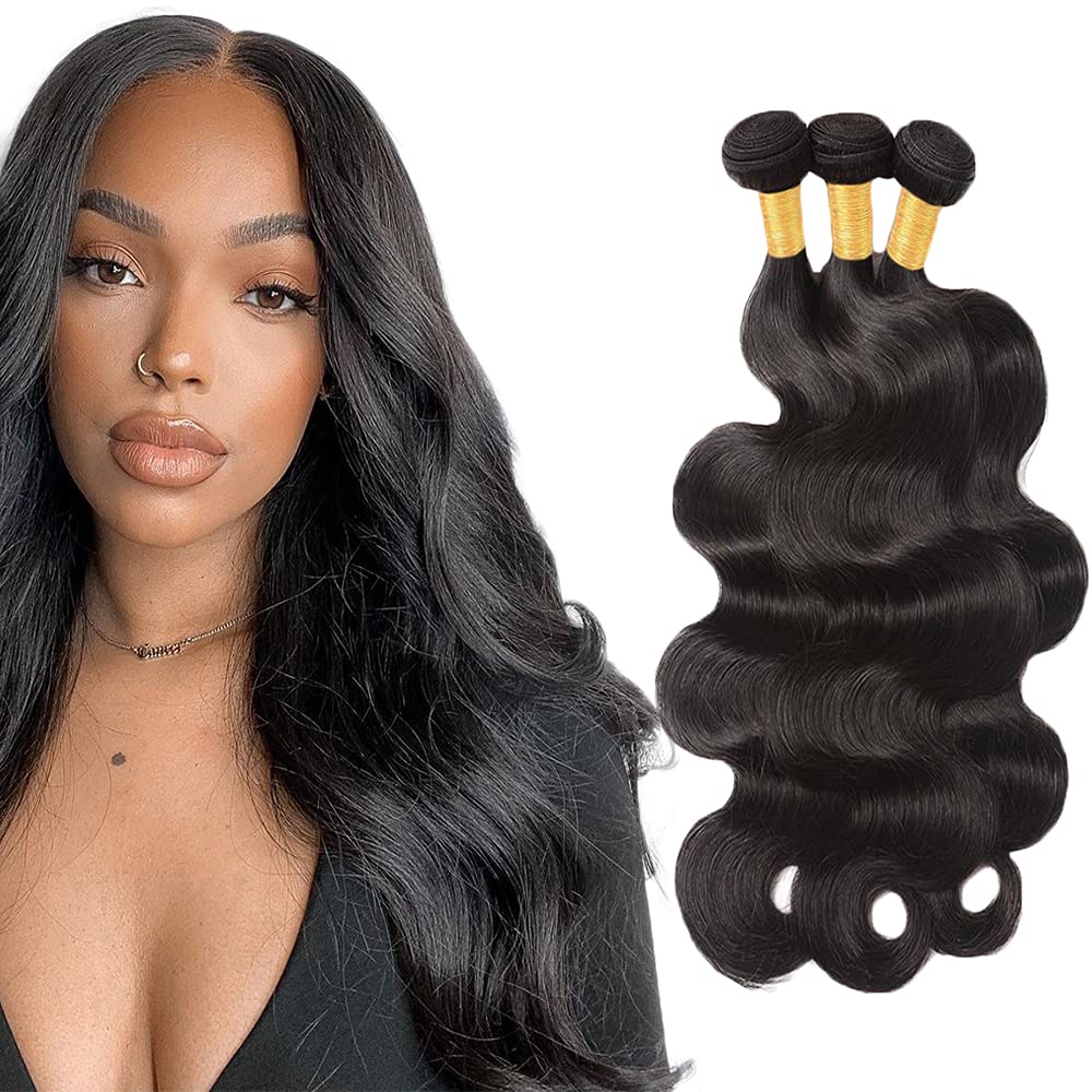 Photo 1 of #1B Body Wave Bundles Human Hair 12 12 12 Inch Natural Black Body Wave Bundle Human Hair Extensions Unprocessed Virgin Remy Hair 3 Bundle 100 Gram Per Bundle For Women