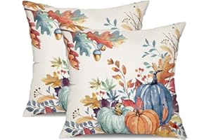 DFXSZ Fall Pillow Covers 18x18 inch Set of 2 Blue and Green Watercolor Pumpkin Fallen Leaves Decorative Throw Pillow Covers Autumn Thanksgiving Farmhouse Decoration for Home Couch TH27-E18