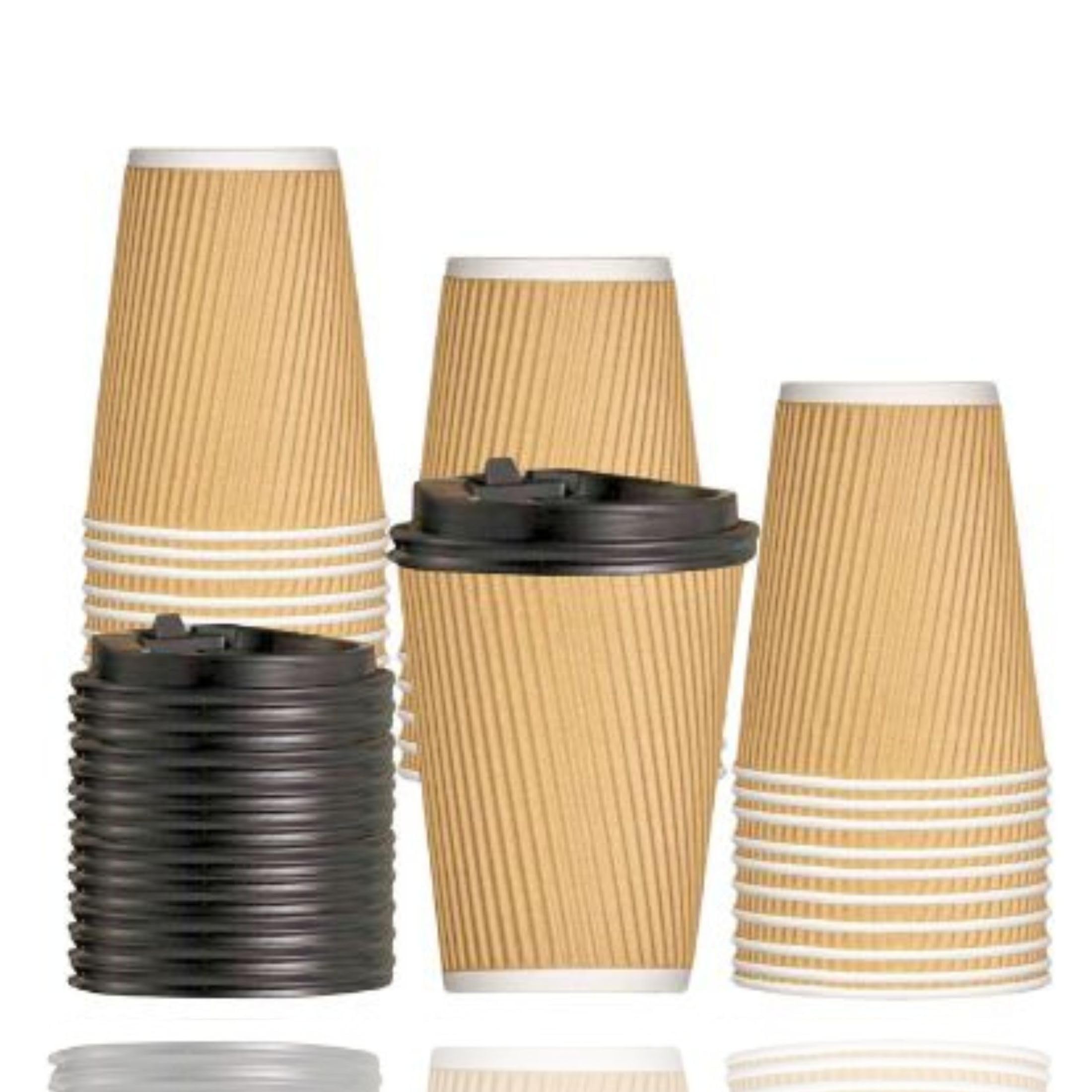 AmazCups - 25 x 12oz Ripple Wall Disposable Coffee Cups with lids - Best 3 Ply Insulated Triple Wall Kraft Paper Cups with Leak Proof Lids for Hot Drinks