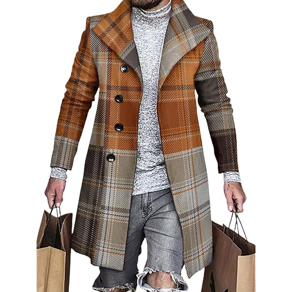 Plaid Trench Coats for Men Lapel Single Breasted Slim Jackets