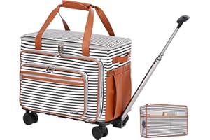 FINESUN Sewing Machine Case with Wheels, PU Leather Foldable Deluxe Rolling Sewing Machine Carrying Bag for Brother, Singer, Bernina and Most Machines(With Cover, Stripe)