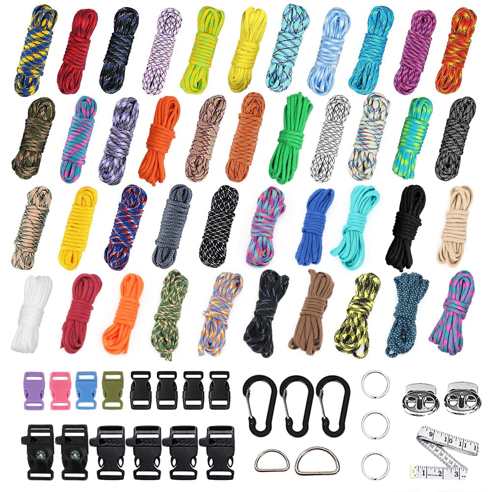Paracord 550 Set 42 Colours, Multifunctional Nylon Rope, Buckles with Needles for Making DIY Bracelet, Dog Lead or Collar, Lanyard, Key Fob