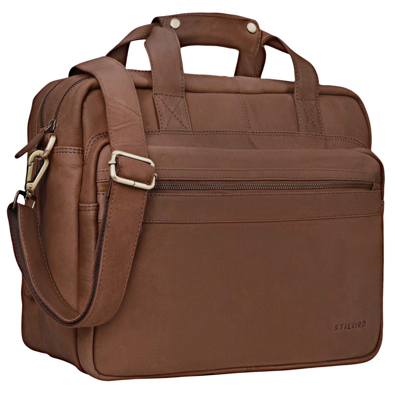 STILORD "Adventure" Vintage Teacher Bag Men Women Business Bag Leather Satchel Shoulder Bag Satchel Laptop Bag Large Working Bag Office Bag Genuine Leather Colour:Brasilia - Brown