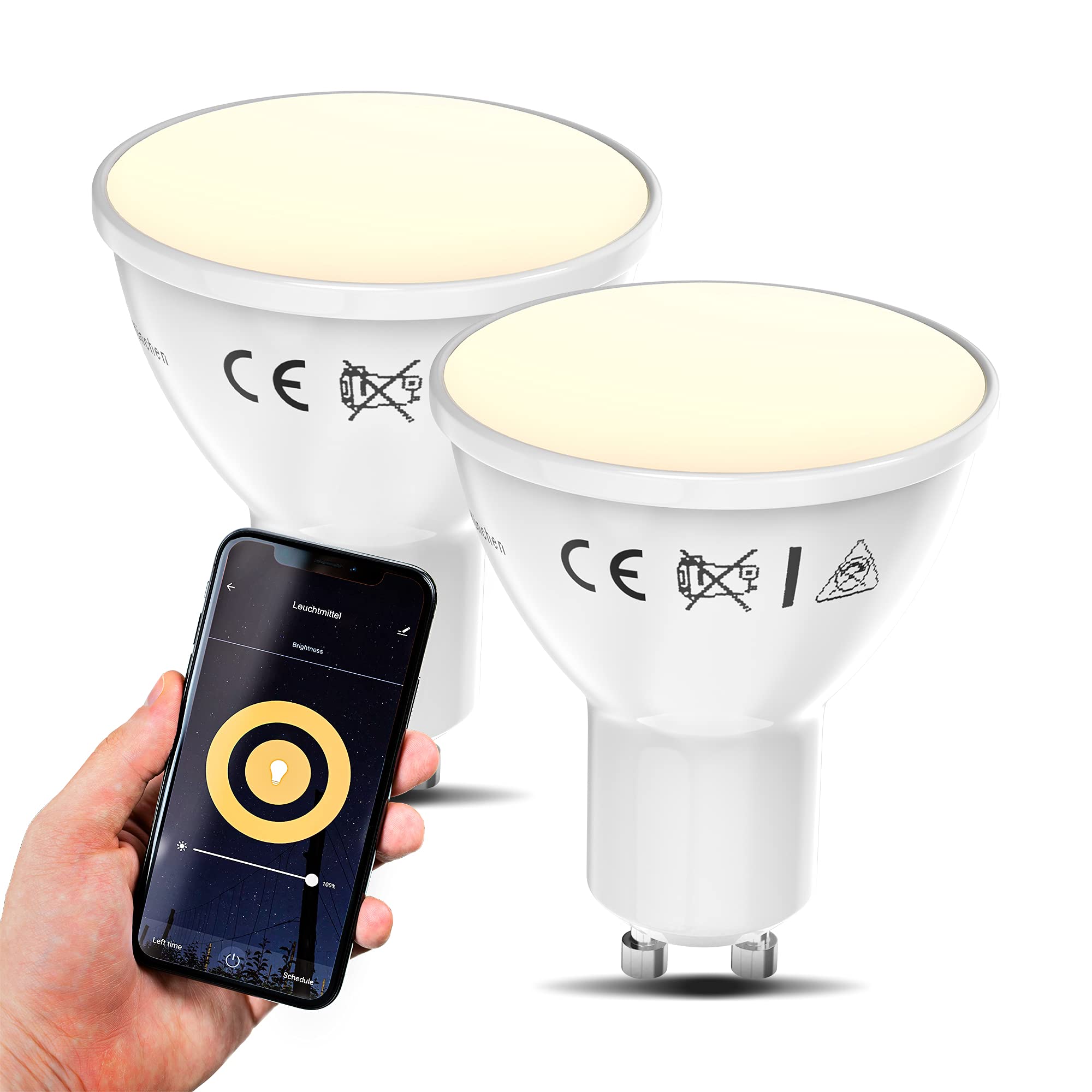 B.K.Licht Set of 2 Smart LED Bulbs, GU10, Warm White Light 2700K, dimmable via Smartphone, Voice Control, Work with Free app for iOS & Android, 350Lm, 5.5W, Wi-Fi Bulbs