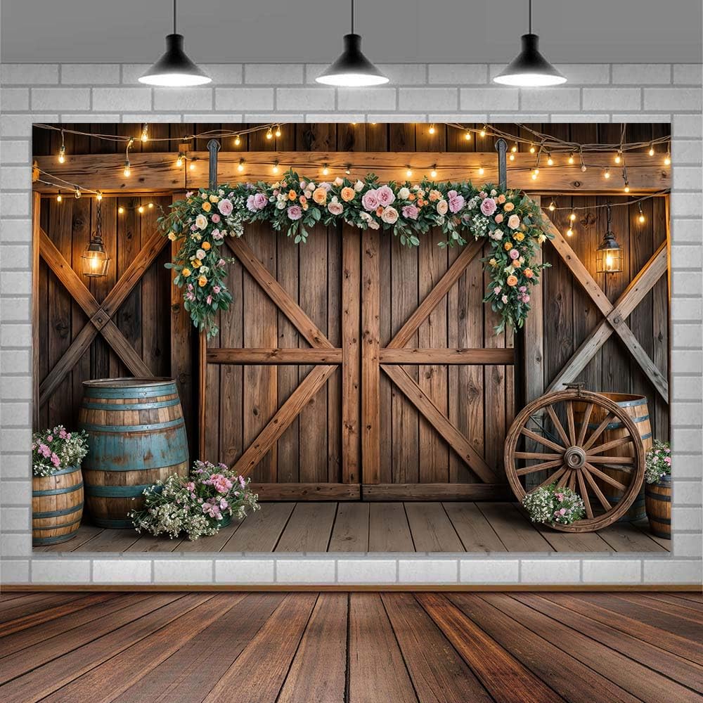 Photo 1 of 10x10ft Country Wedding Photography Backdrop Rustic Barn Door Photography Backdrop Farmhouse Pink Flower Cabin Wooden Birthday Baby Shower Wedding Bridal Party Banner Photo Booth Props Background