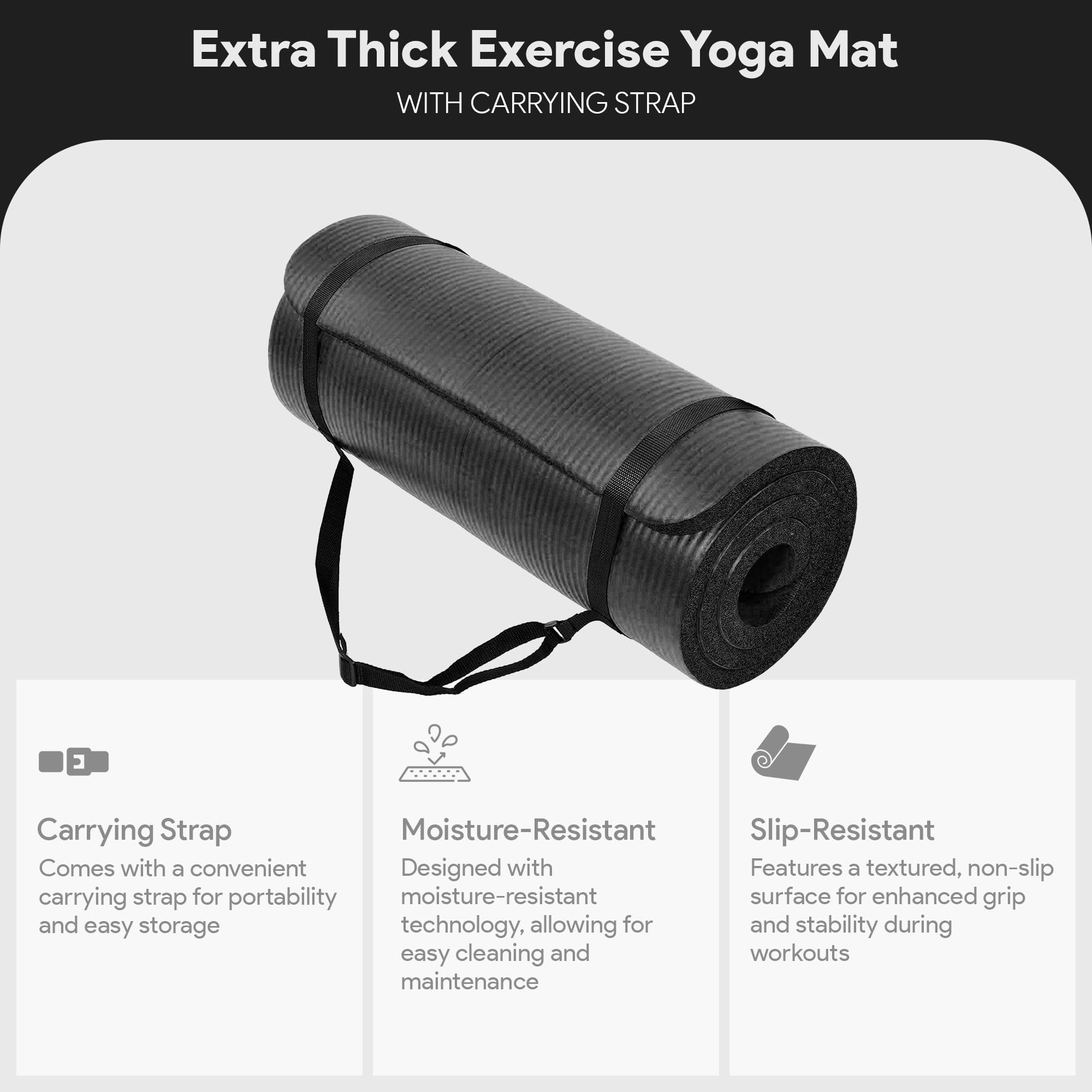 BalanceFrom Fitness GoYoga All Purpose 71 x 24 x 1 Inch Extra Thick Anti Tear High Density Non-Slip Exercise Yoga Mat with Carrying Strap, Black - Image 3