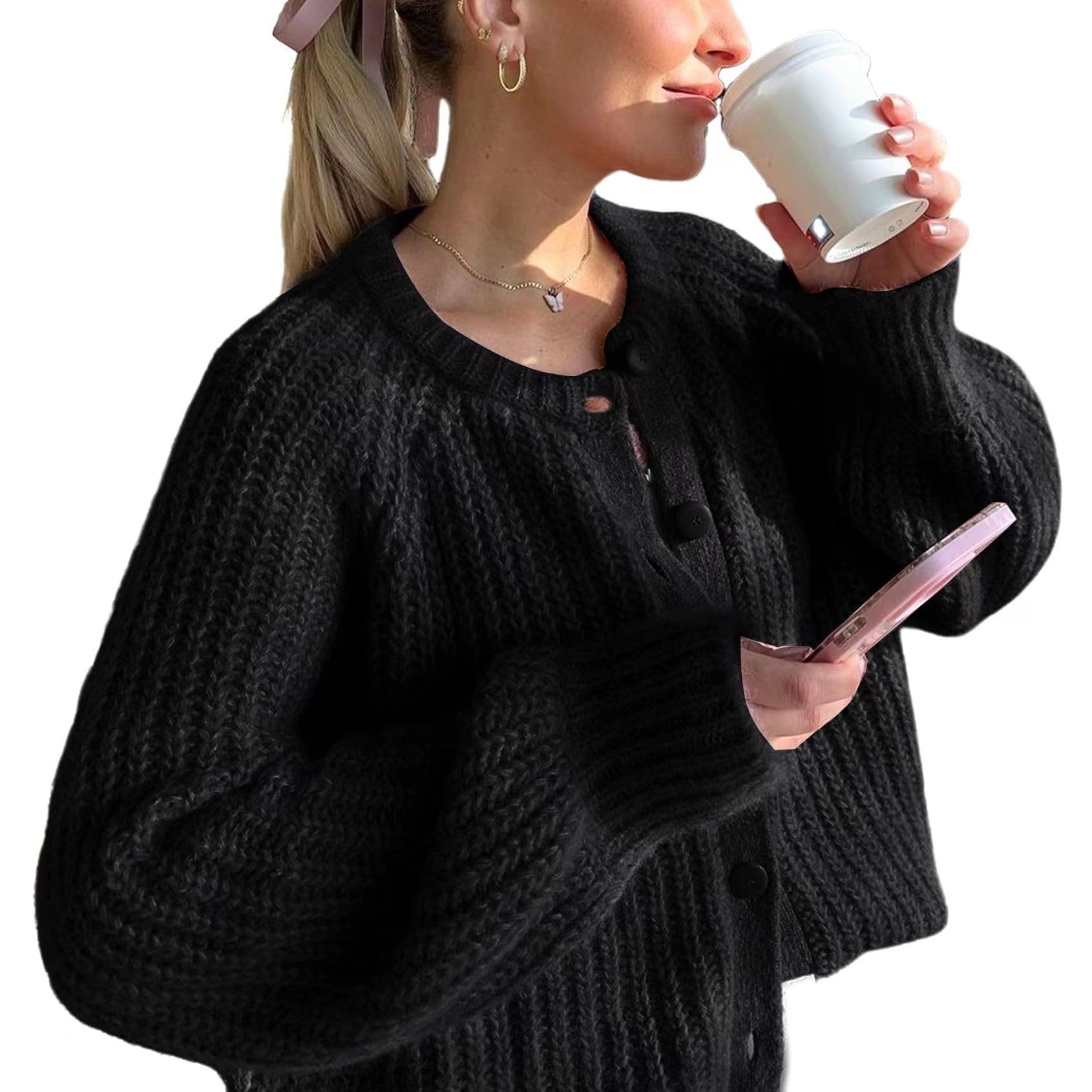 Photo 1 of Acmplla Cardigan Sweaters for Women Chunky Knit Cardigans Long Sleeve Button Sweater Jacket 2024 Fall Winter Black L