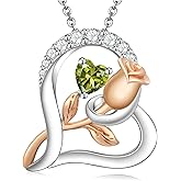 CCJM Rose Flower Heart Birthstone Necklaces for Women, 925 Sterling Silver Anniversary Jewelry, Pendant Heart Necklaces Birthday Anniversary Christmas Gift for Women Wife Mom Girlfriend Lady