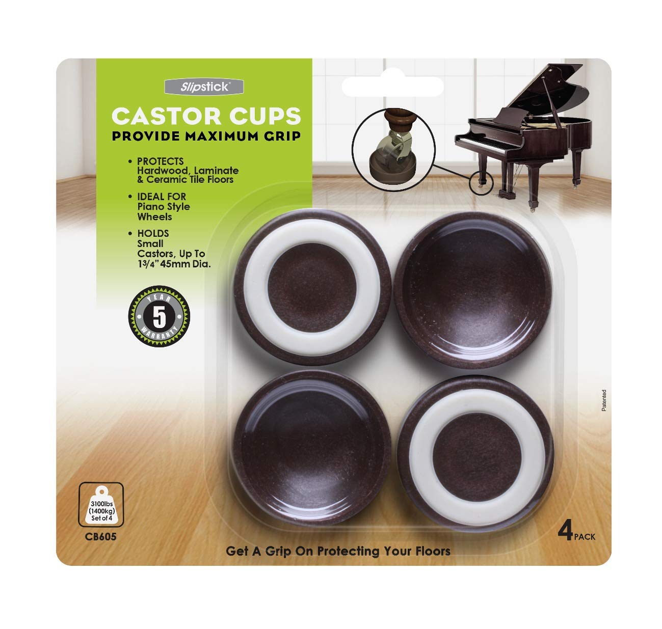 Slipstick CB605 Floor Protectoring Castor Cups with Non Slip Rubber Feet (Set of 4) 45 mm Round Caster Cups for Furniture Wheels - Brown