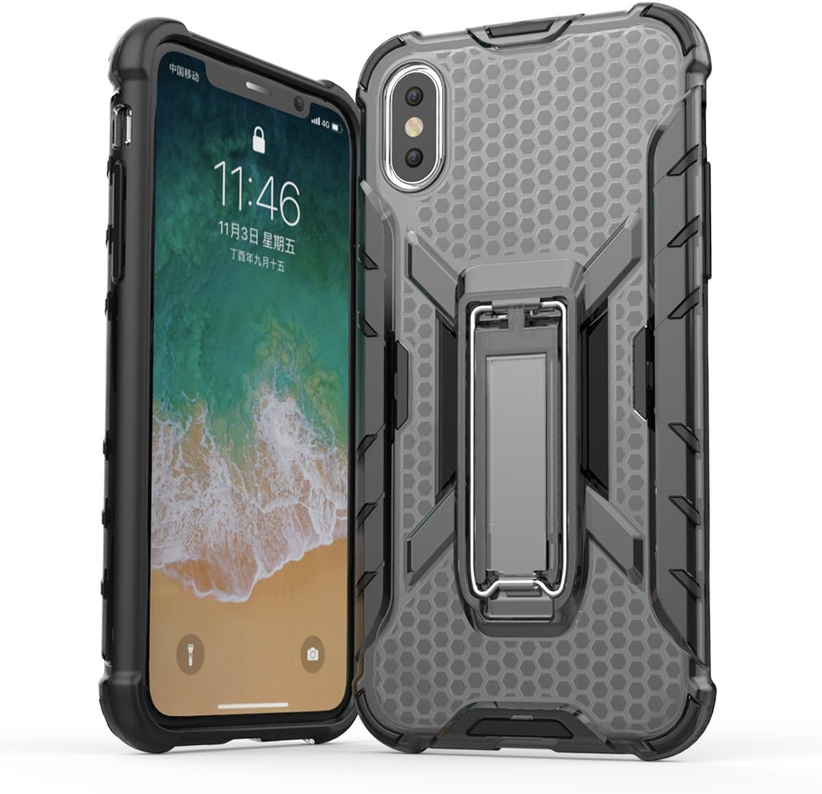 Apple iPhone X Case, BearDaDa Kickstand Cover with Reinforced Corners, Black TPU with Anti-Scratch Hard PC Transparent Back Panel for iPhone X(2017 Release) - Crystal Grey