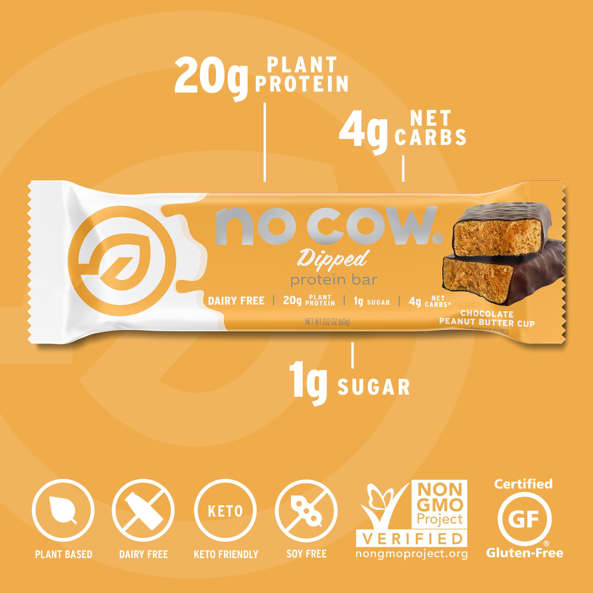 No Cow Vegan Protein Bars, Upgraded Peanut Butter Cup | 20g Plant Based Protein, Gluten Free, Dairy Free, Soy Free, Keto Friendly, Low Sugar, High Fiber Snack Bars | Pack of 12