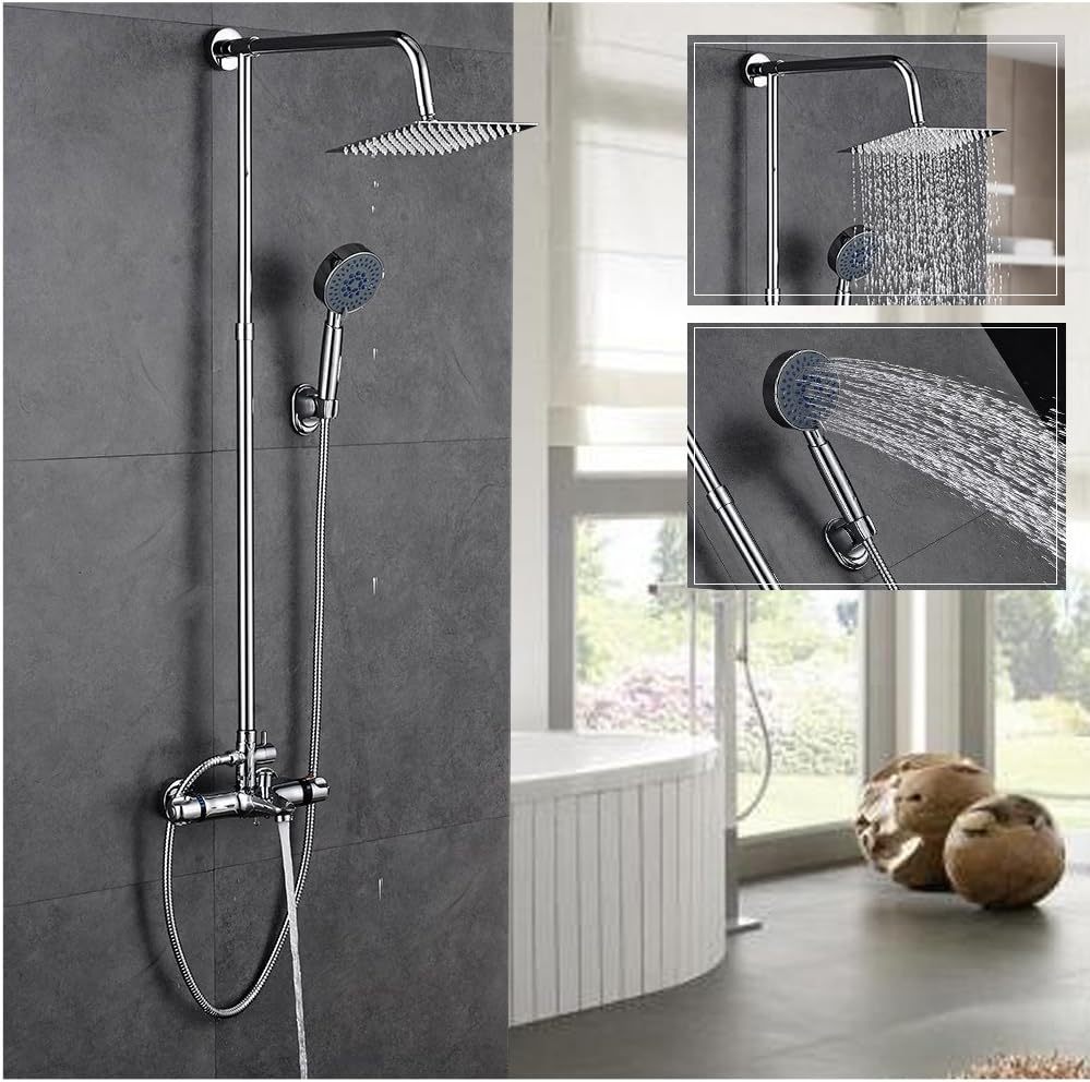 ROVATE Height Adjustable Thermostatic Rainfall Shower System, Brass Body Shower Tub Faucet Set with 8-inch Shower Head and 59-inch Hose, Chrome